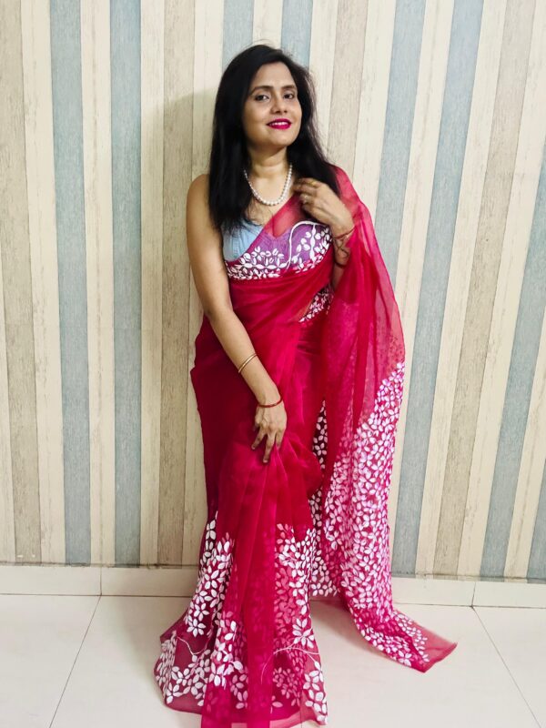 Elegant Pink Organza Saree with White Floral Design